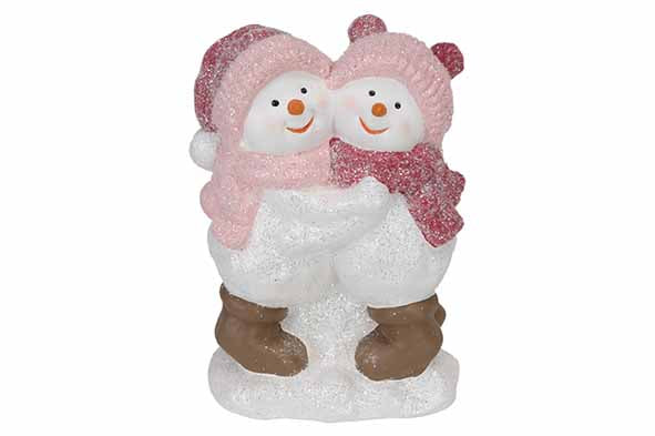 Sneeuwman en vrouw roze H23cm