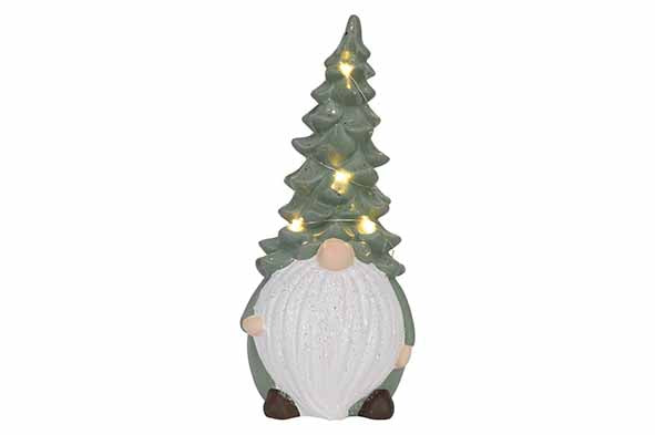 Gnome met kerstboom en ledverlichting H25cm