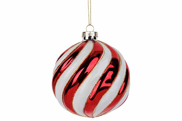 Kerstbal glas Spiral rood wit D10cm