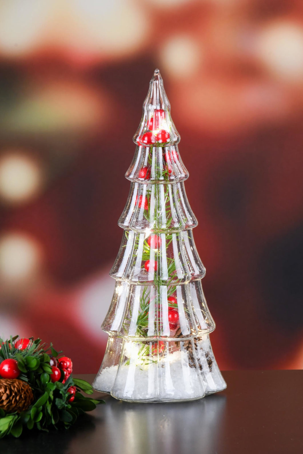 Glazen kerstboom besjes met ledverlichting H26cm